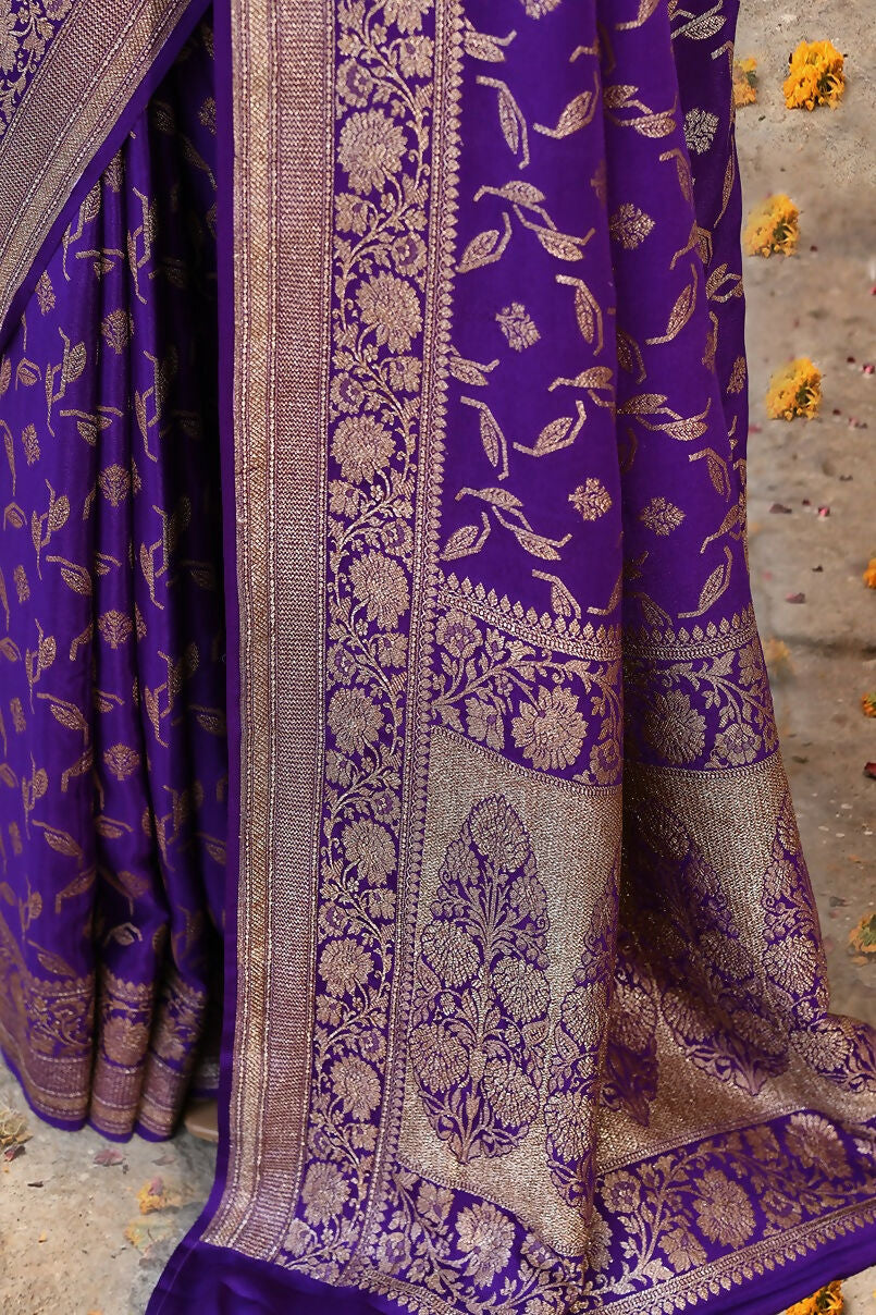 Purple Crepe Chiffon Pure Handloom Banarasi Silk Saree