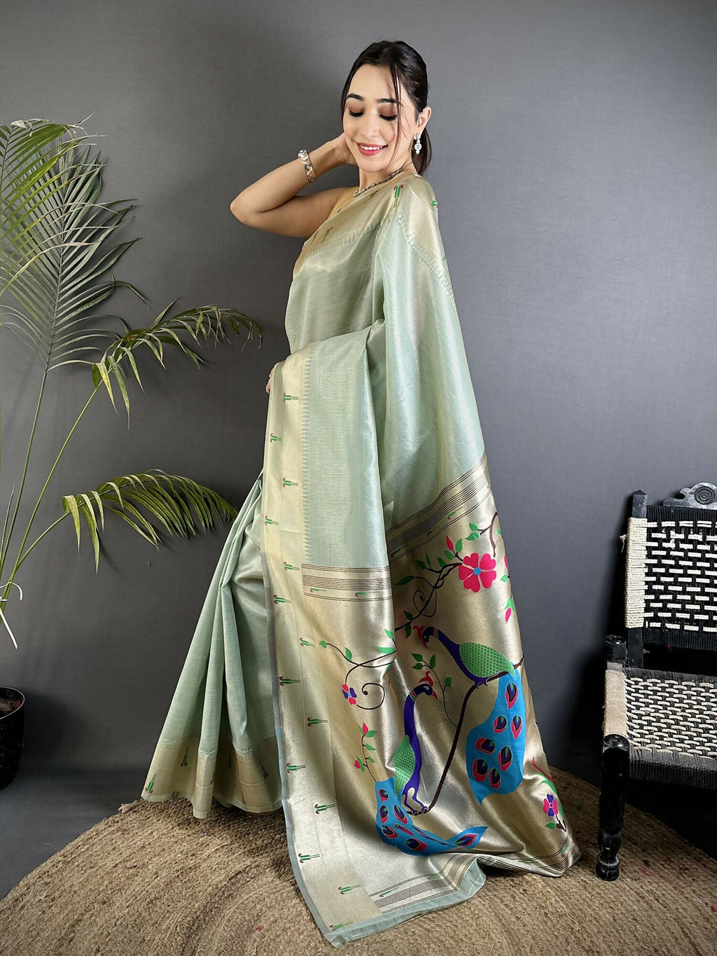 Pale Blue Tissue Paithani Saree with Peacock and Floral Motifs