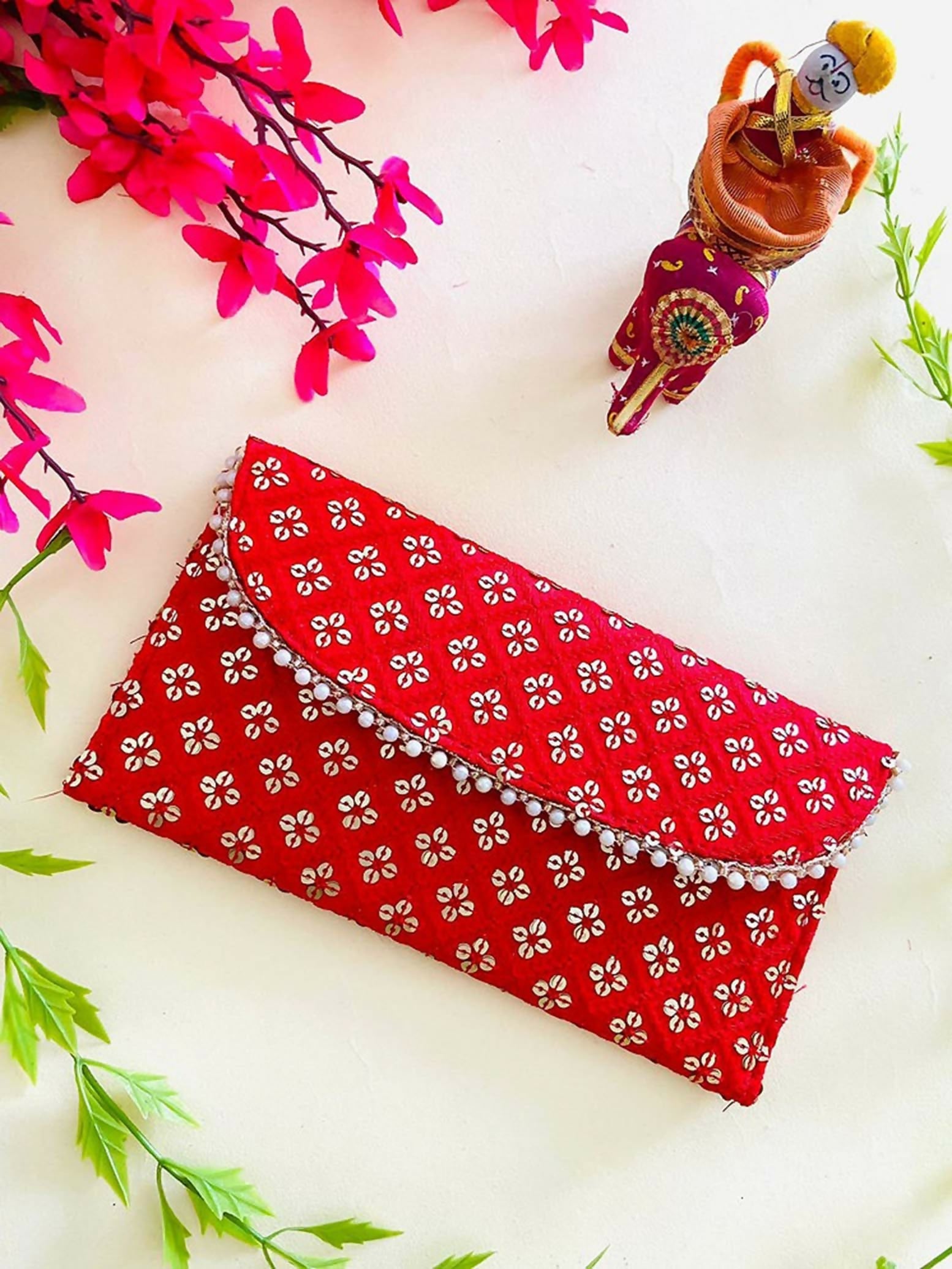 Elegant red synthetic bridal purse measuring 8 inches by 4 inches for formal wedding wear