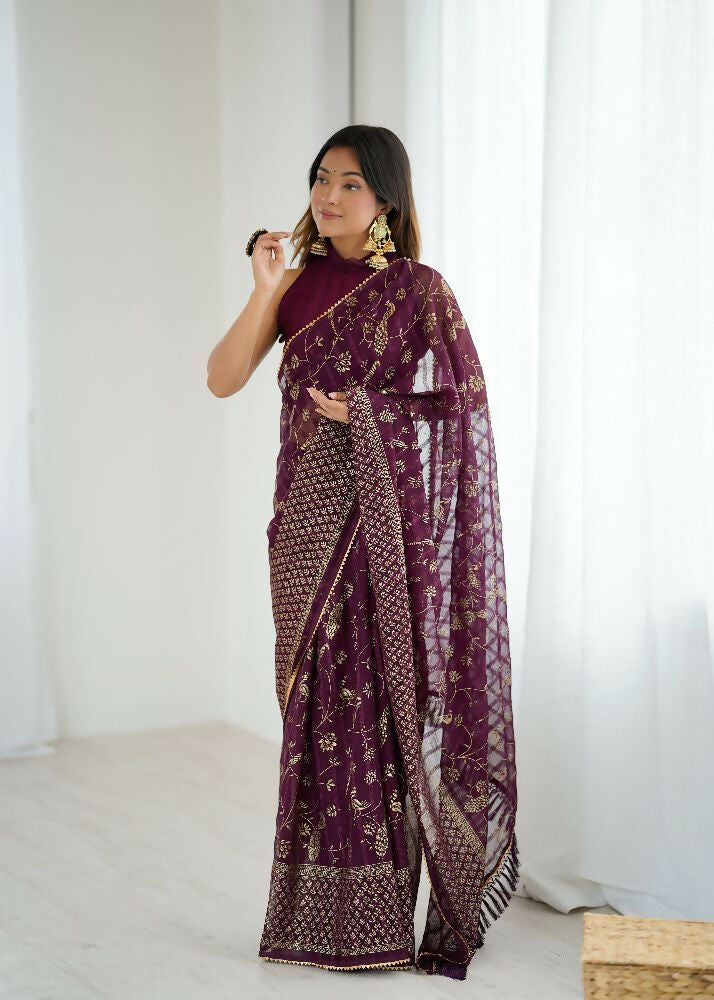 Wine Georgette Saree with Foil Work and Zalar Lace