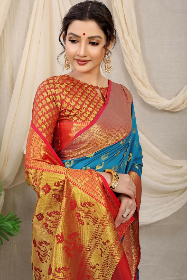 Firozi Banarasi Silk Zari Woven Saree with Contrast Red Blouse