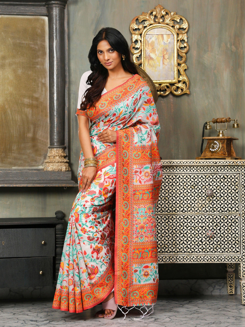 Floral Print Linen Woven Saree in White Orange and Teal