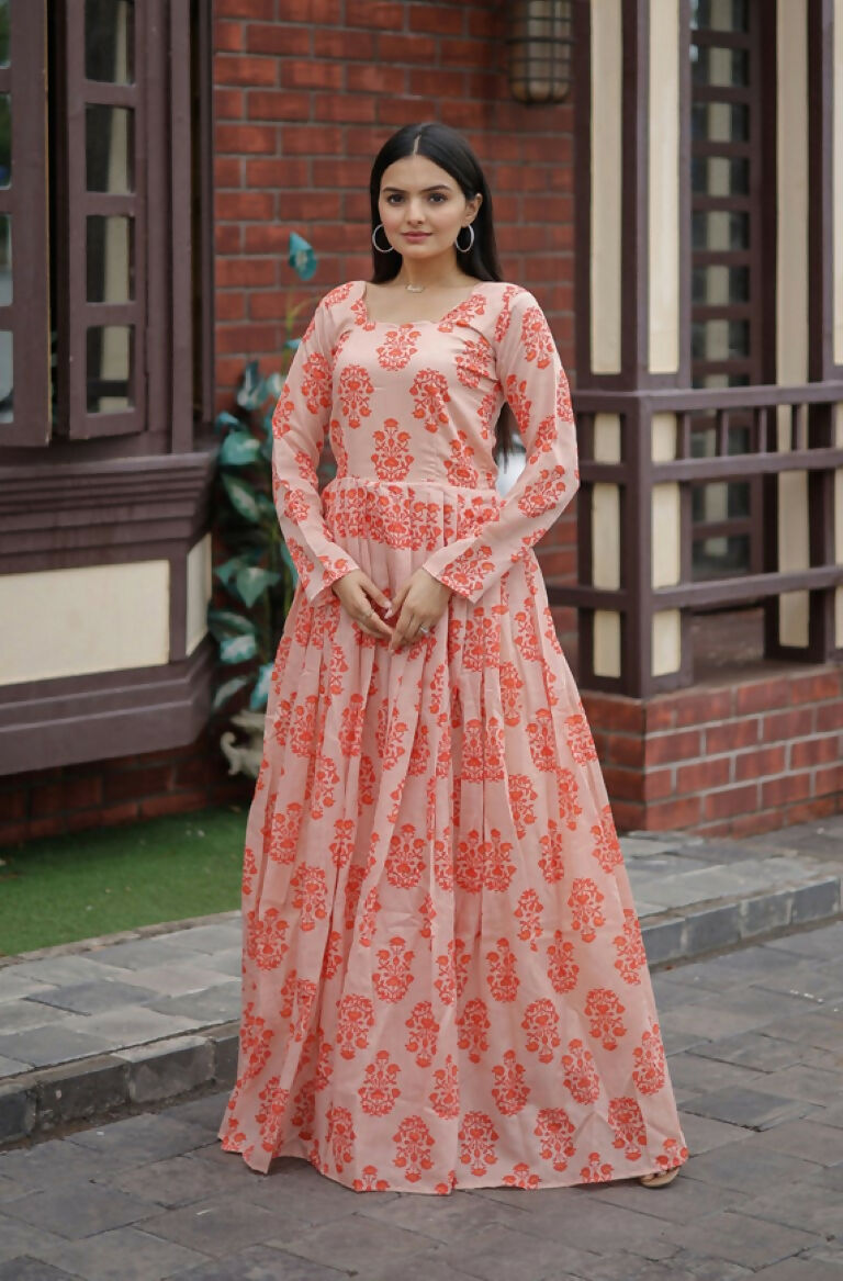 Peach Pure Chanderi Heavy Digital Printed Anarkali Floor Dress