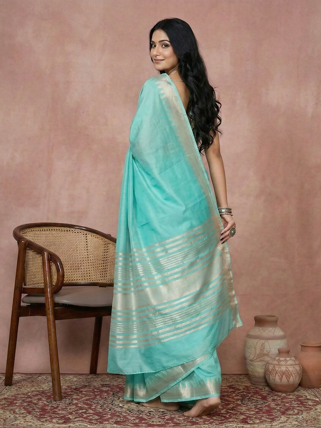 Turquoise Cotton Saree with Matching Blouse Fabric