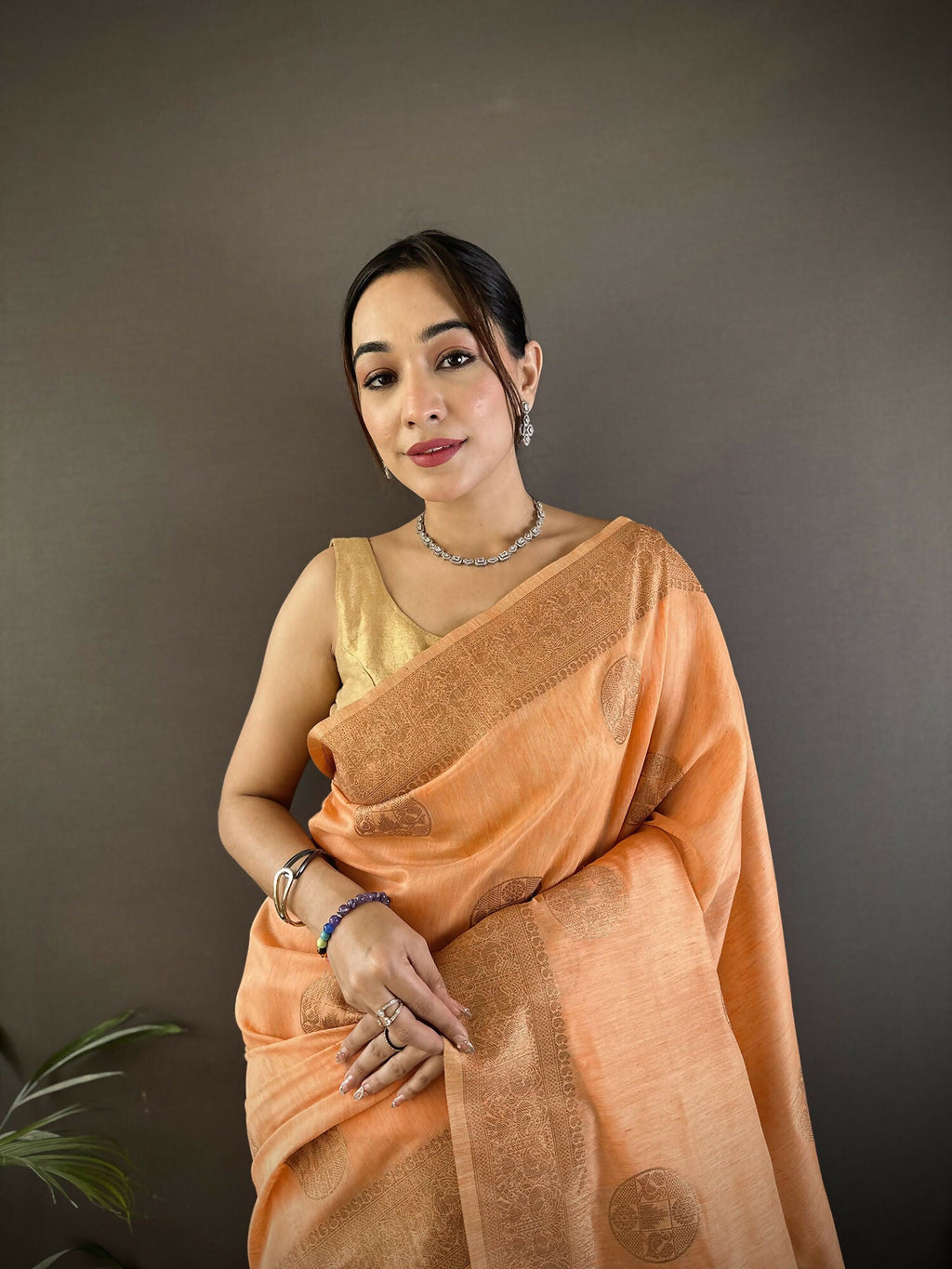 Orange Floral & Paisley Linen Silk Banarasi Saree