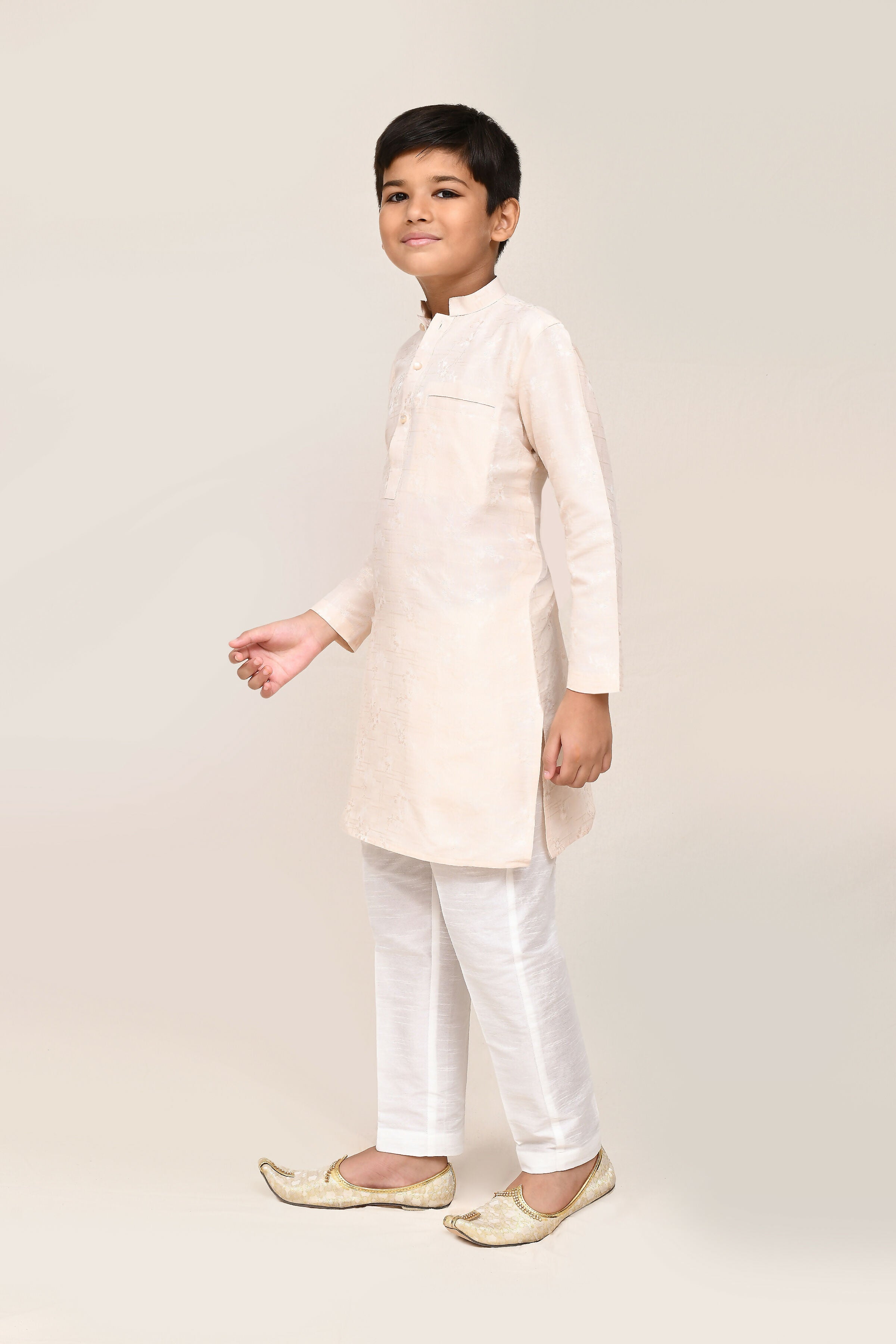 Minimalist cream cotton kurta with white straight fit art silk pants