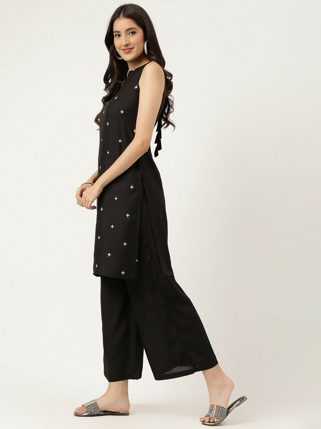 Black Rayon Straight Kurta and Bottom Set with Embroidered Work