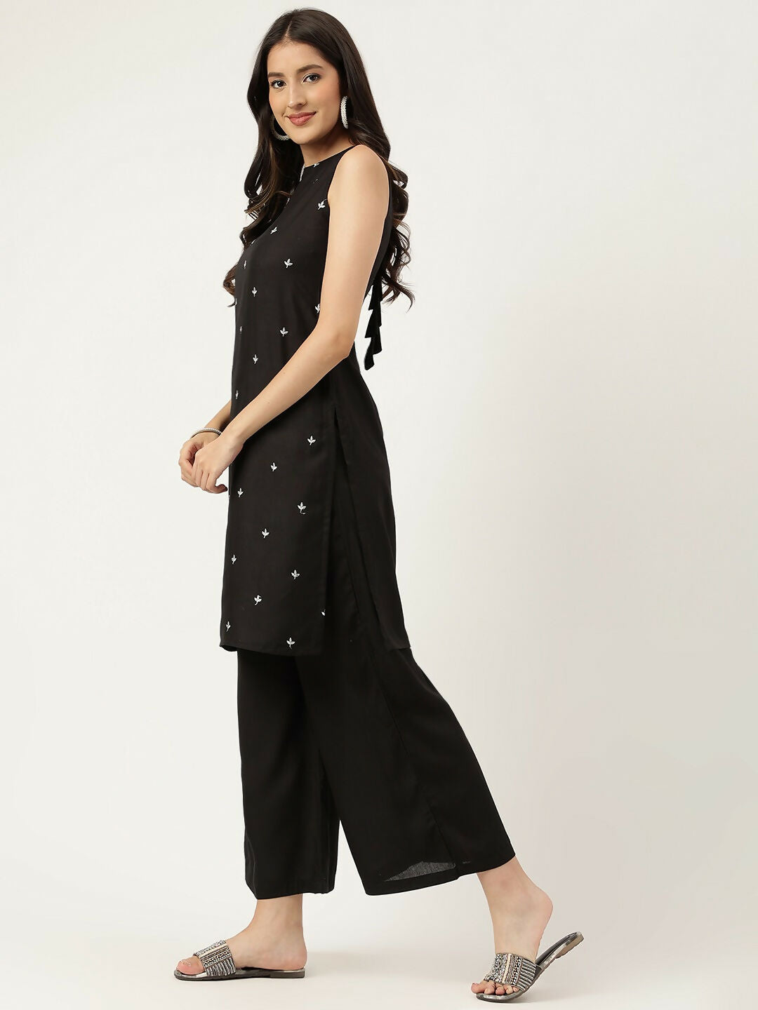 Black Rayon Straight Kurta and Bottom Set with Embroidered Work