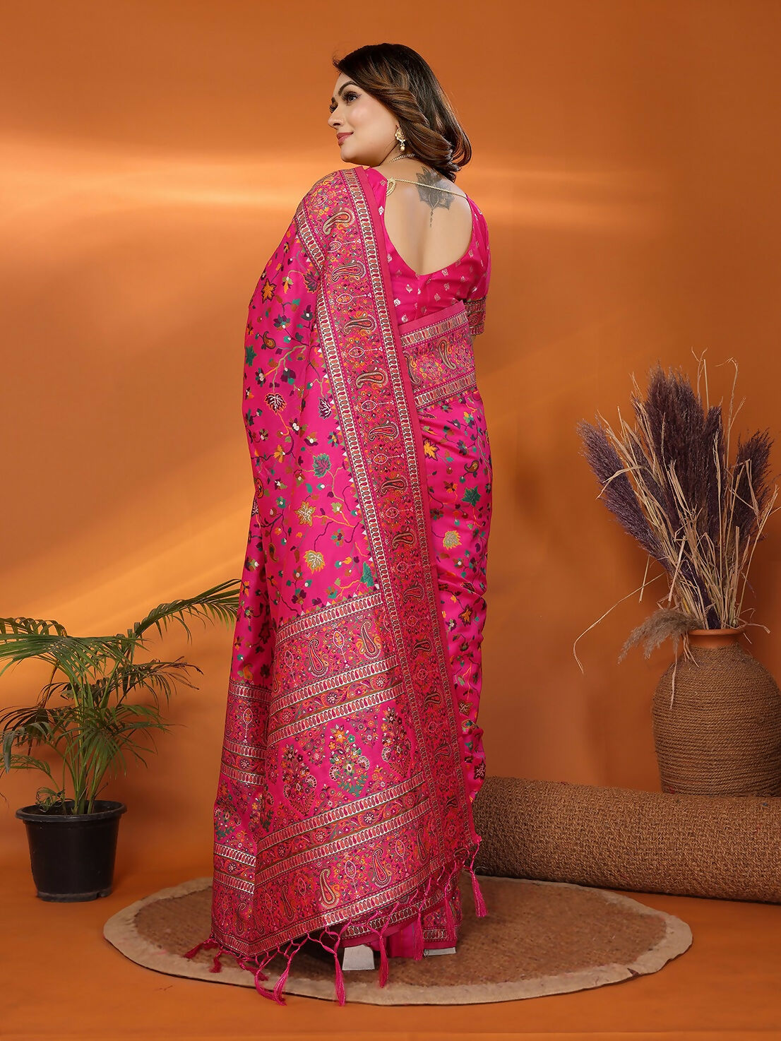 Pink Silk Blend Pashmina Saree with Meena Weave Patterns