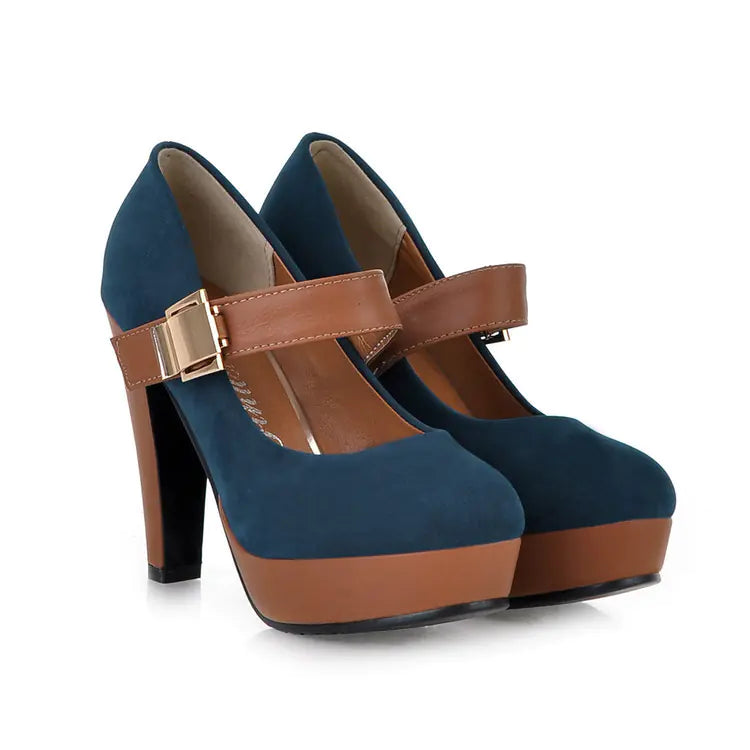 Women Navy and Tan Platform Mary Jane Heels with Buckle - Image 13