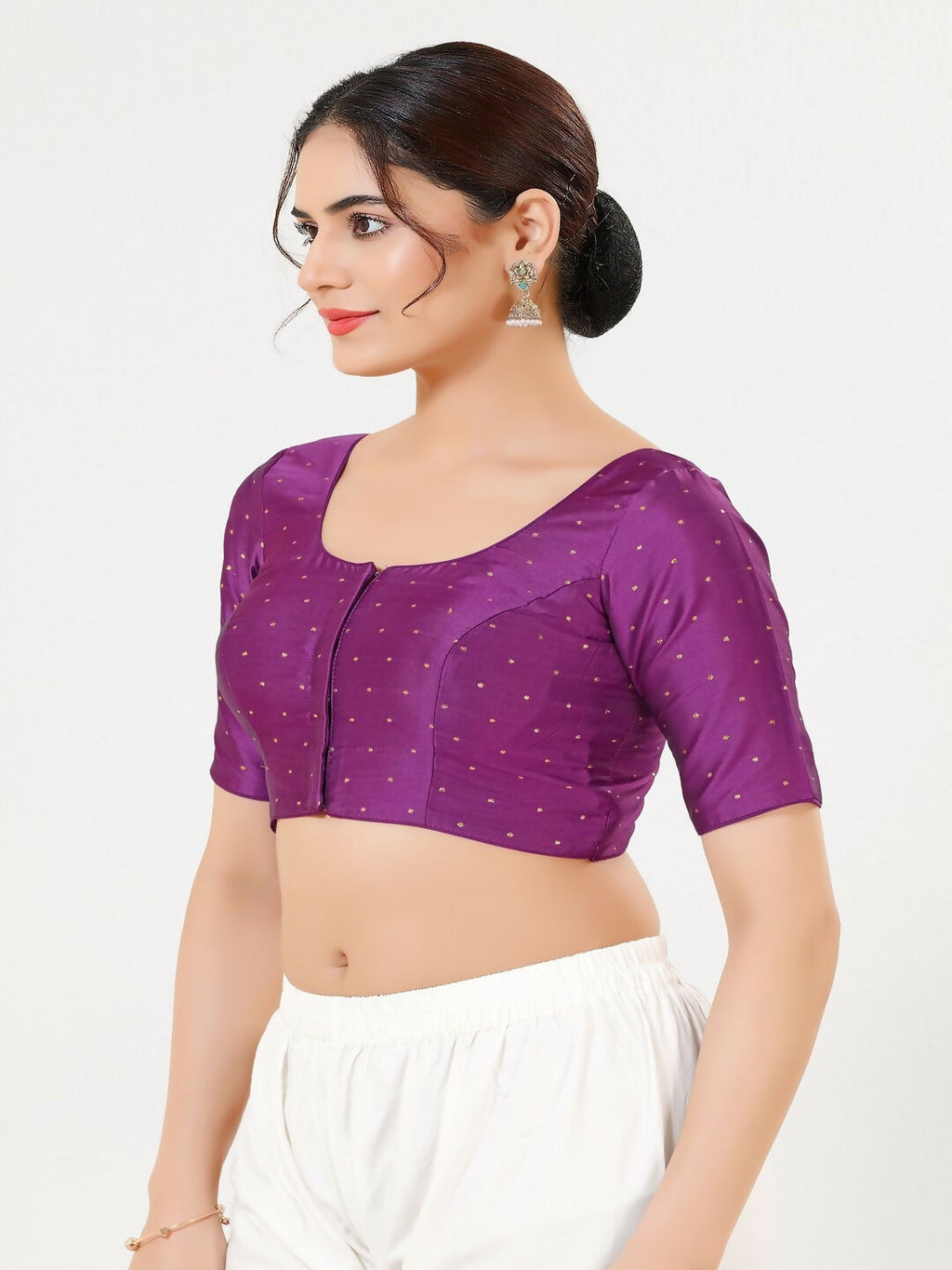 Purple Taffeta Silk Elbow-Sleeved Front Open Blouse