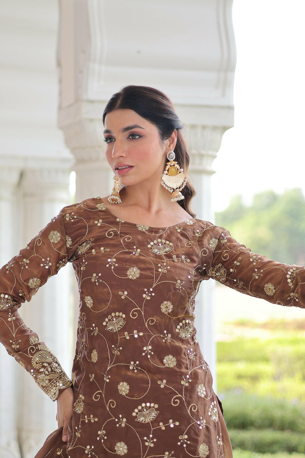 Coffee Silk Readymade Kurta Set with Sequins Embroidery Work
