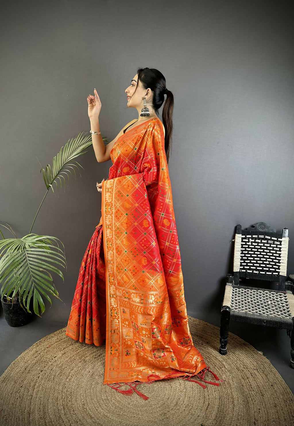 Orange Soft Silk Patola Saree with Geometric Pattern & Blouse