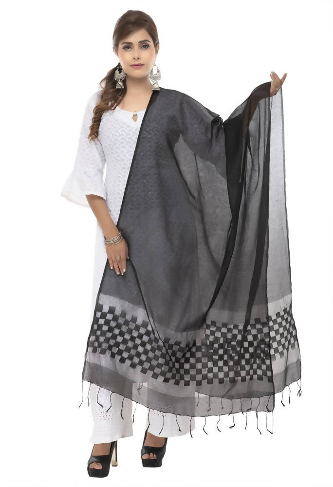 Black Kota Cotton dupatta with buta detailing draped over a mannequin