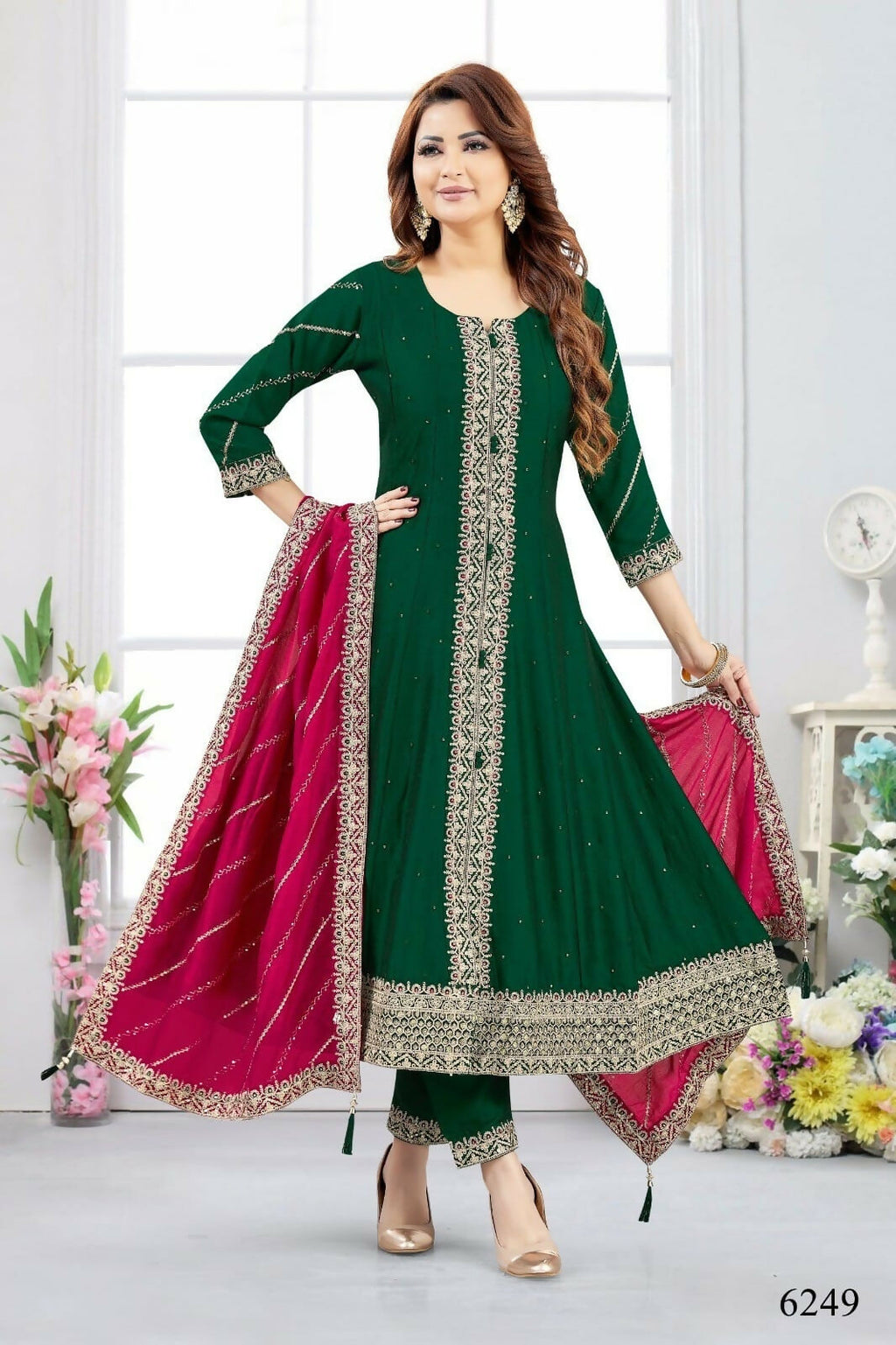 Joban Fashion Chanderi Dark Green Color Kurta Set