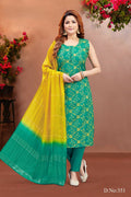 Close up of Rama colored soft silk kurta set featuring elegant embroidery and round neck