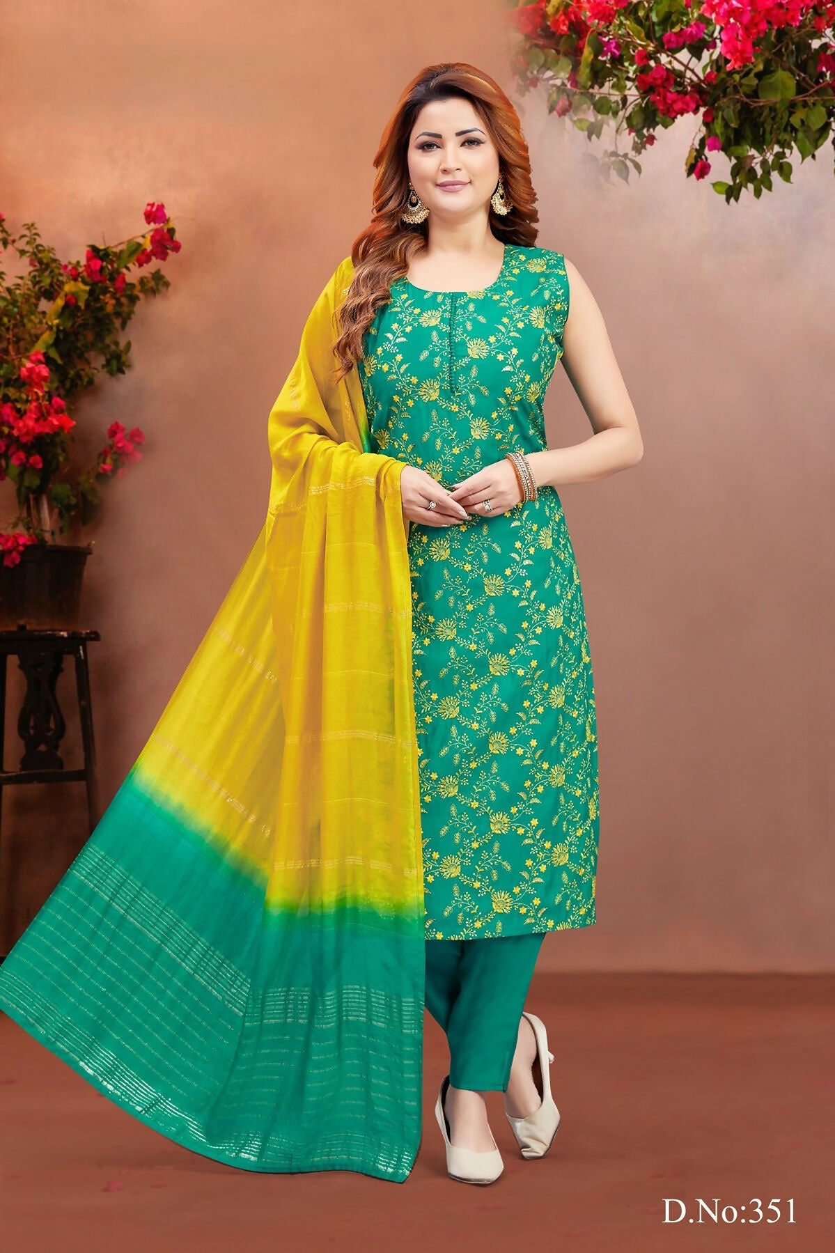 Close up of Rama colored soft silk kurta set featuring elegant embroidery and round neck