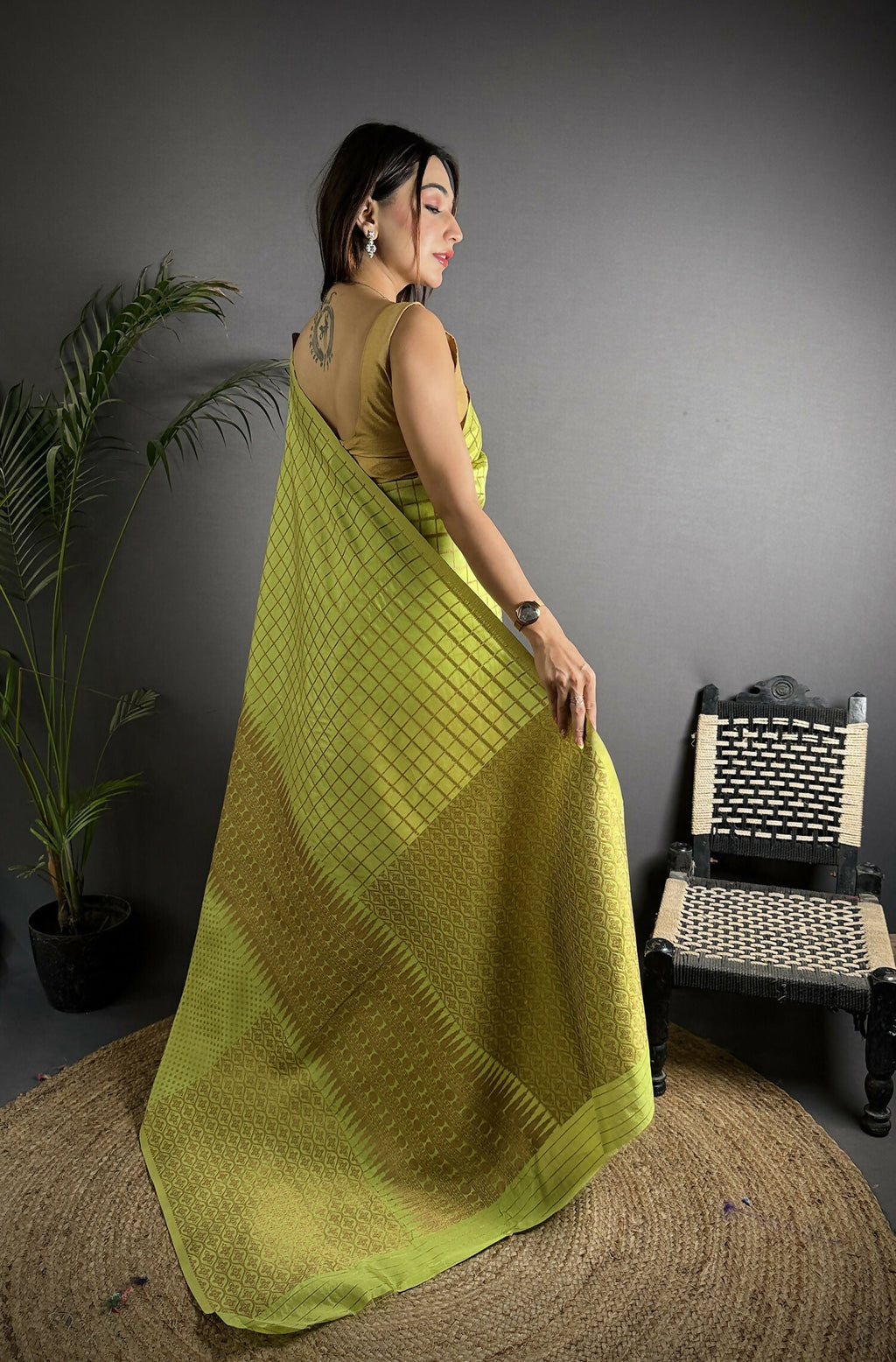 Joban Fashion Light Green Banarasi Soft Lichi Silk Checks & Woven Saree