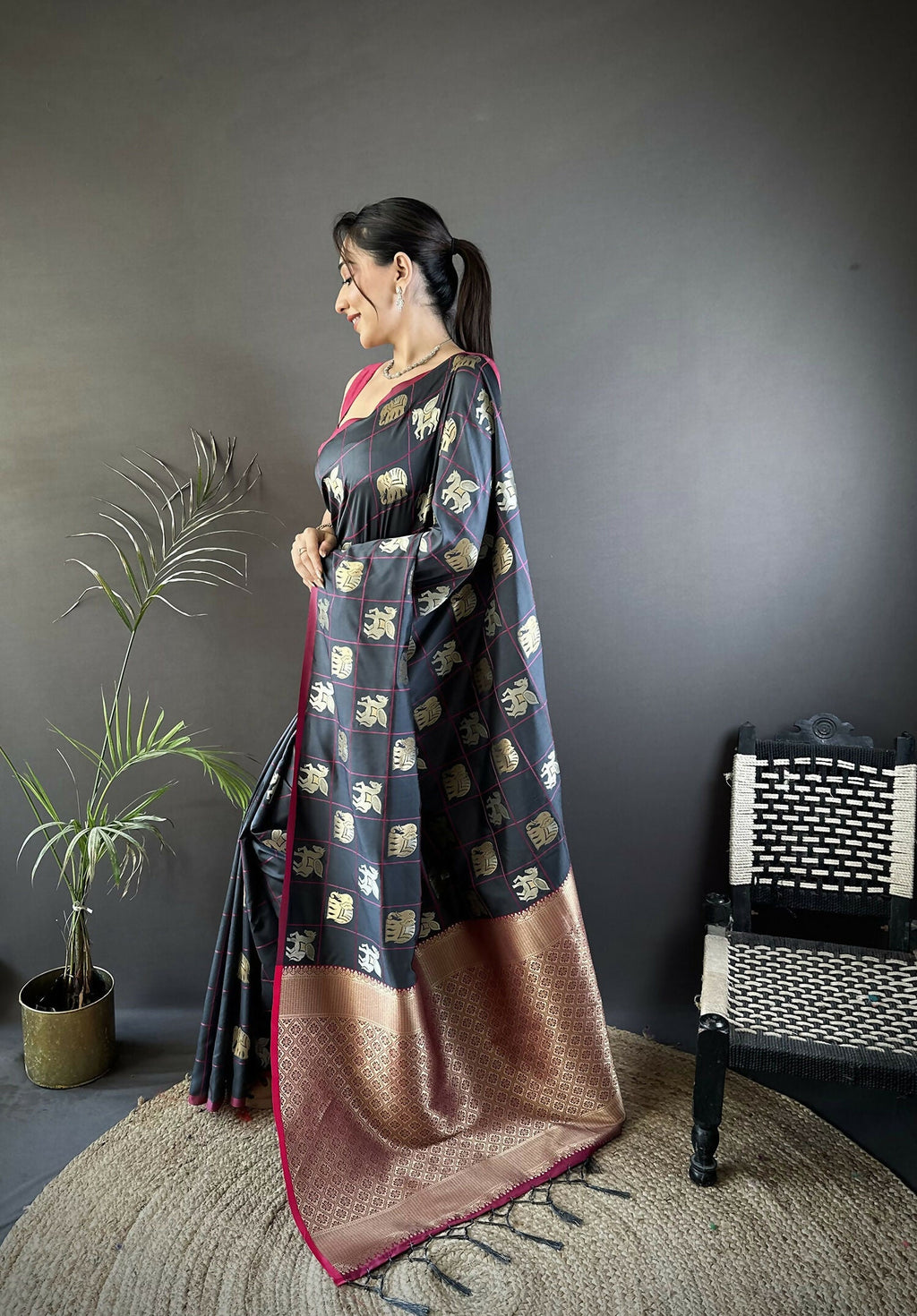 Grey Elephant Motif Soft Silk Banarasi Saree with Red Blouse