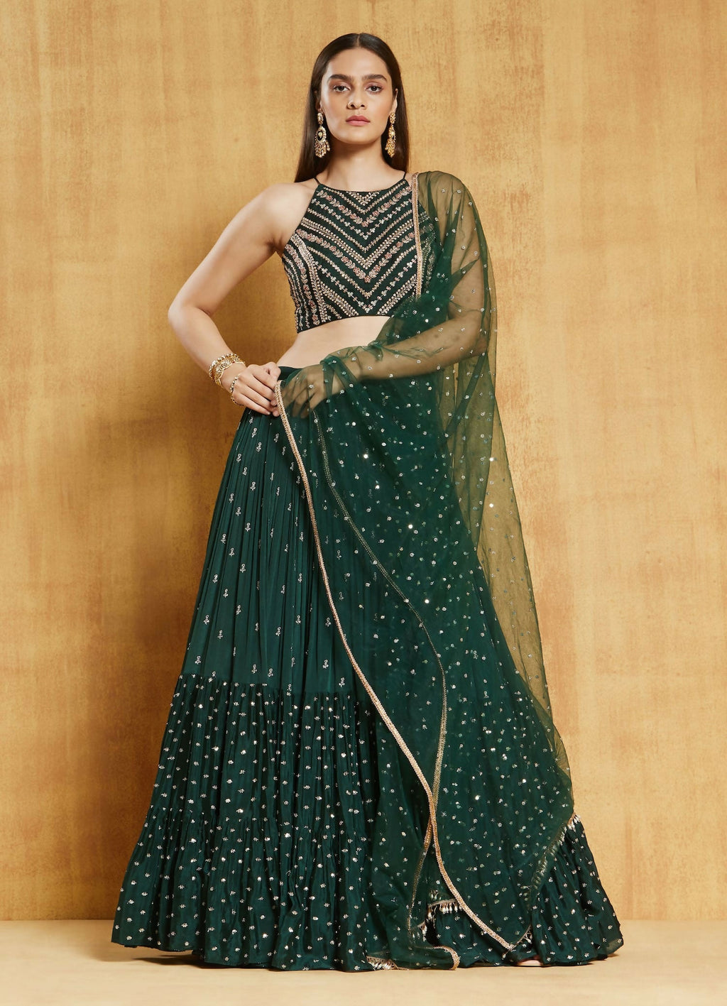 Bottle green designer georgette lehenga choli with sparkling 3MM sequin embroidery.
