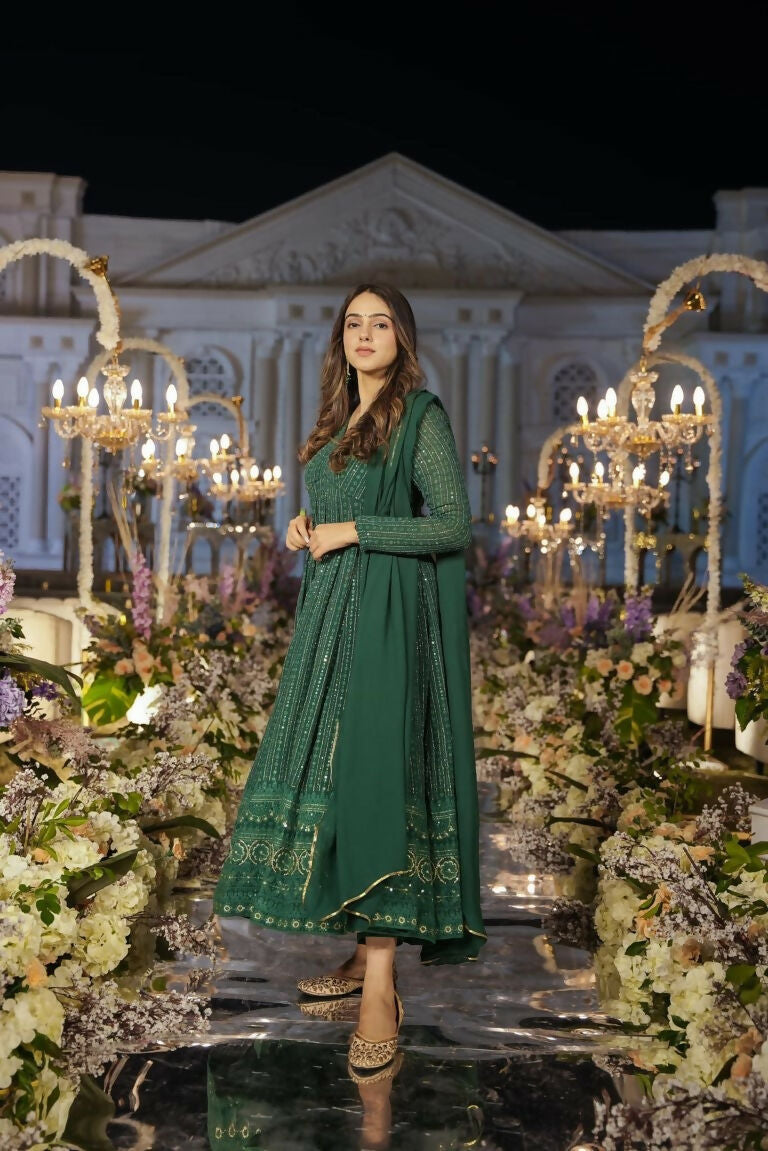 Green Faux Georgette Anarkali Dress with Zari & Sequence