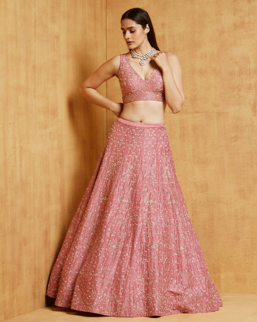 Peach Malai Satin Silk Lehenga Choli with Zari Sequins Embroidery