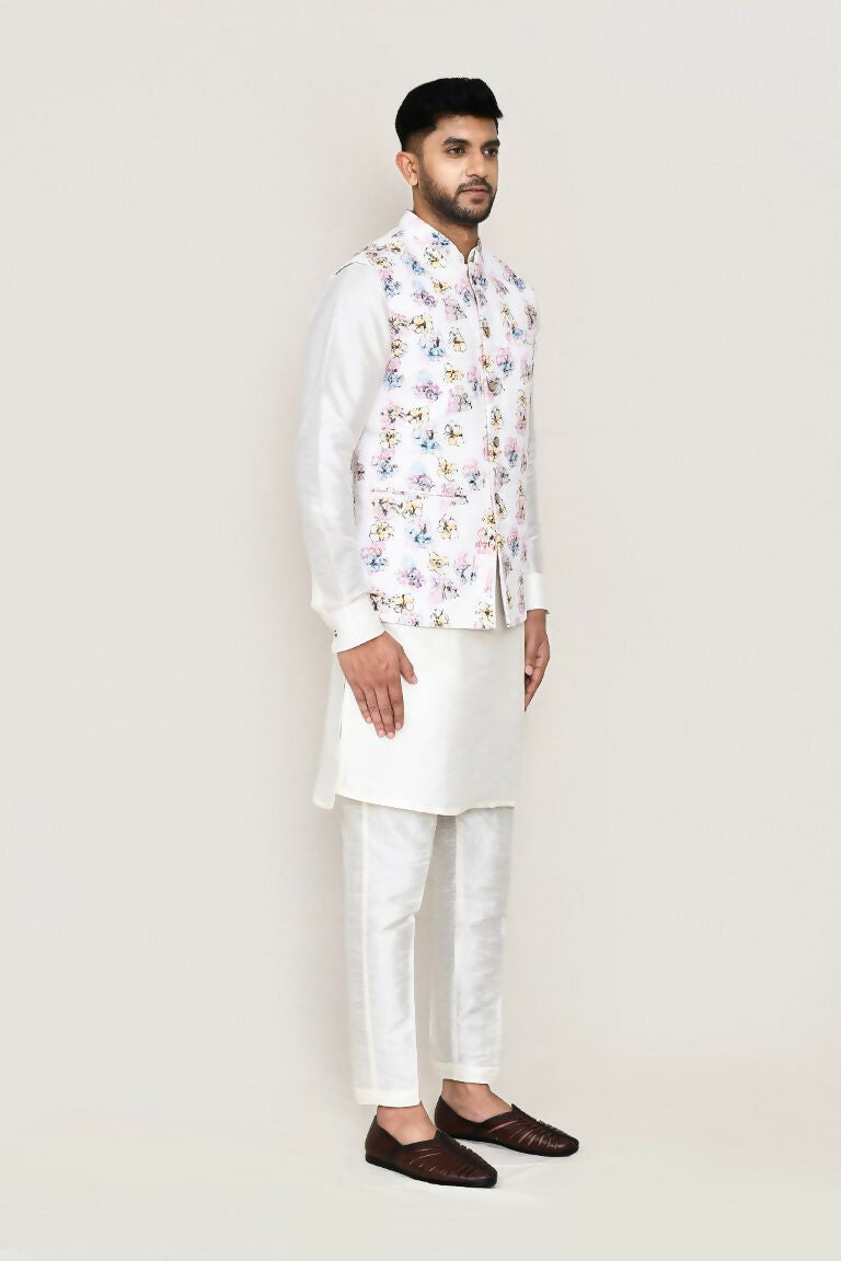 White Art Silk Kurta with Matching Jacket and Straight Fit Pant