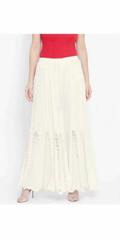 White Mirror Flower Work Palazzo Pants - Festive Wide Leg Trousers