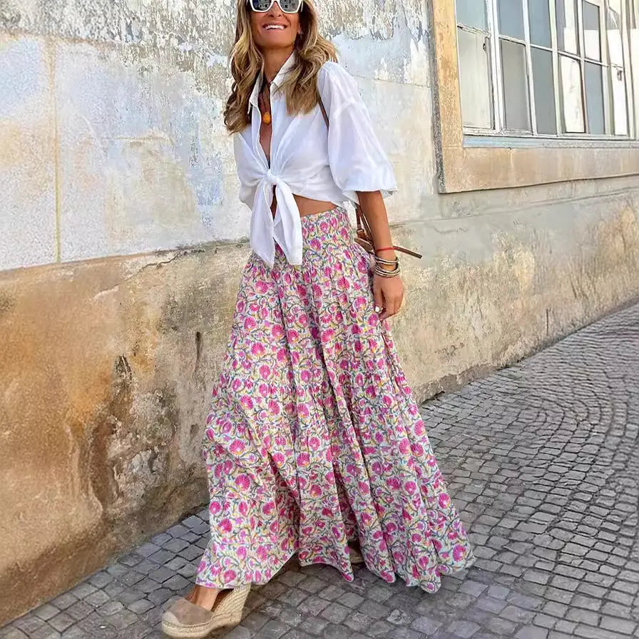 Summer Floral Maxi Skirt with Elastic Waist