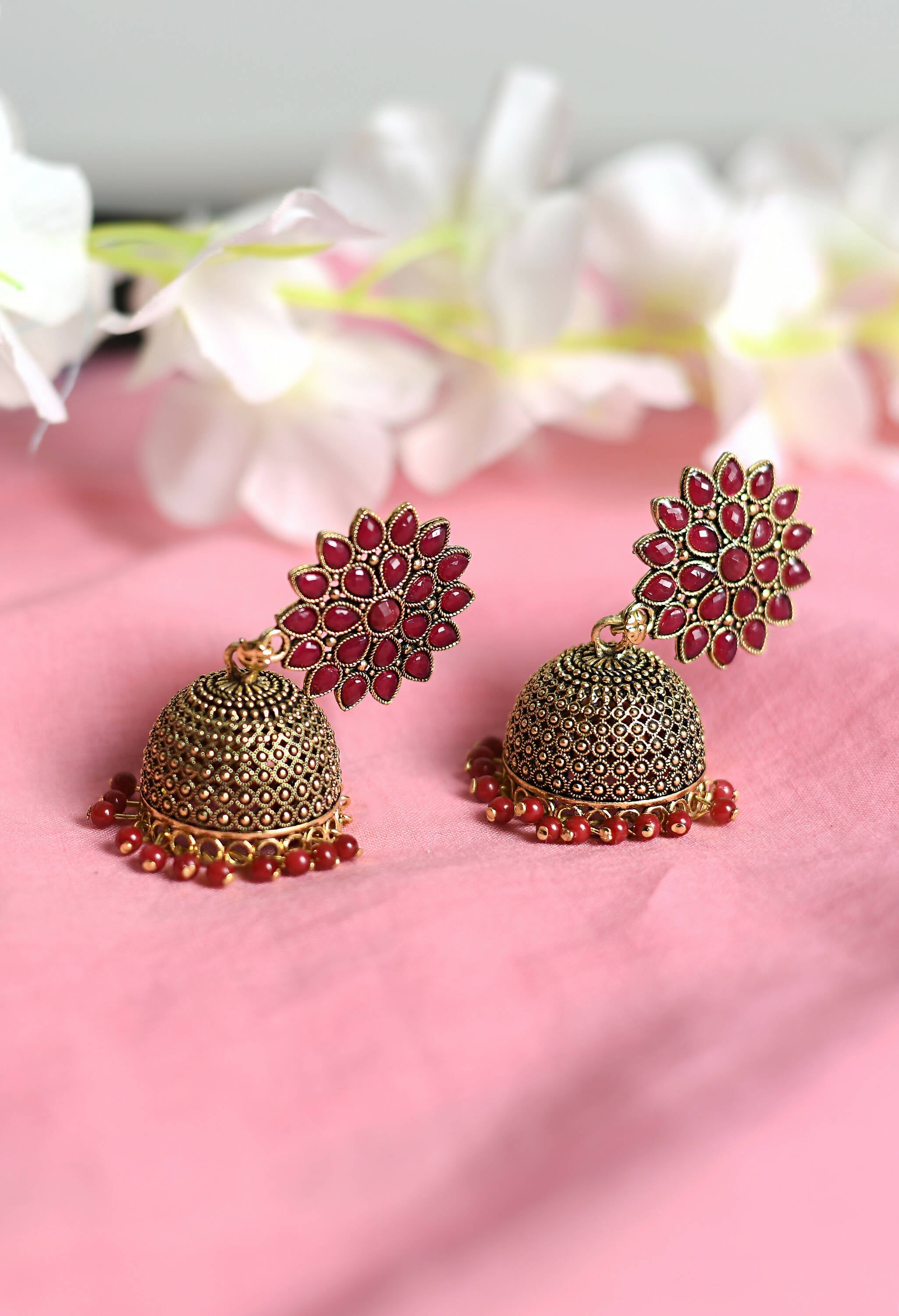 Joharkamal Kundan Jhumka Earrings with Maroon Beads - Gold Plated