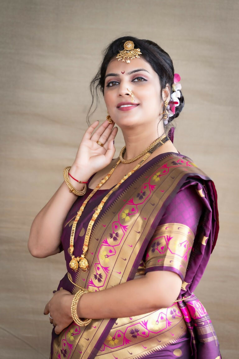 Wine Paithani Silk Saree with Zari Woven Border and Blouse