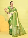 Light yellow and parrot green soft silk Banarasi saree featuring a woven border.
