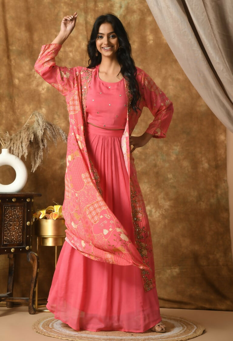 Pink Maslin Kurta Set with Chinnon Bottom and Organza Dupatta