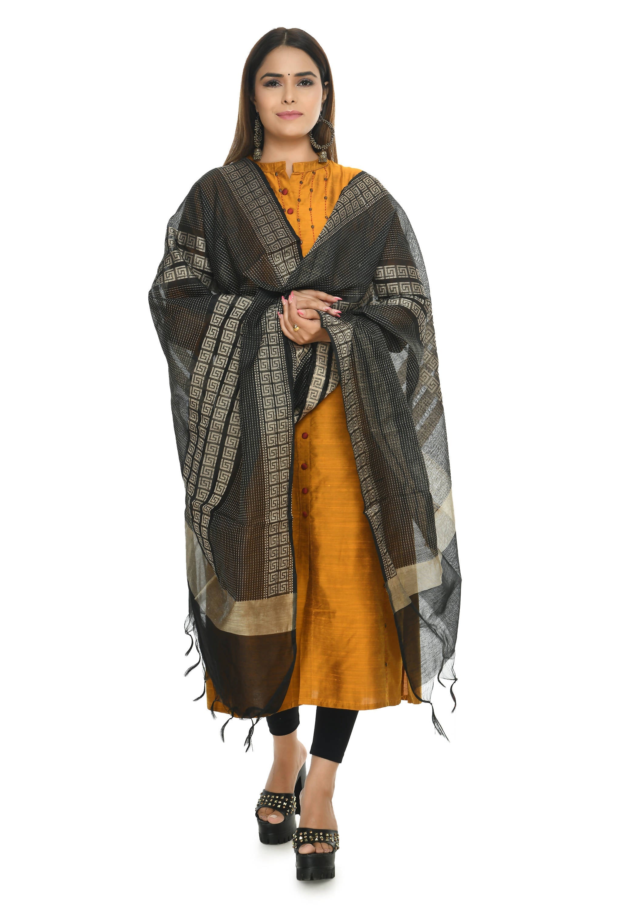 Elegant black handloom cotton dupatta draped elegantly for a traditional ethnic look