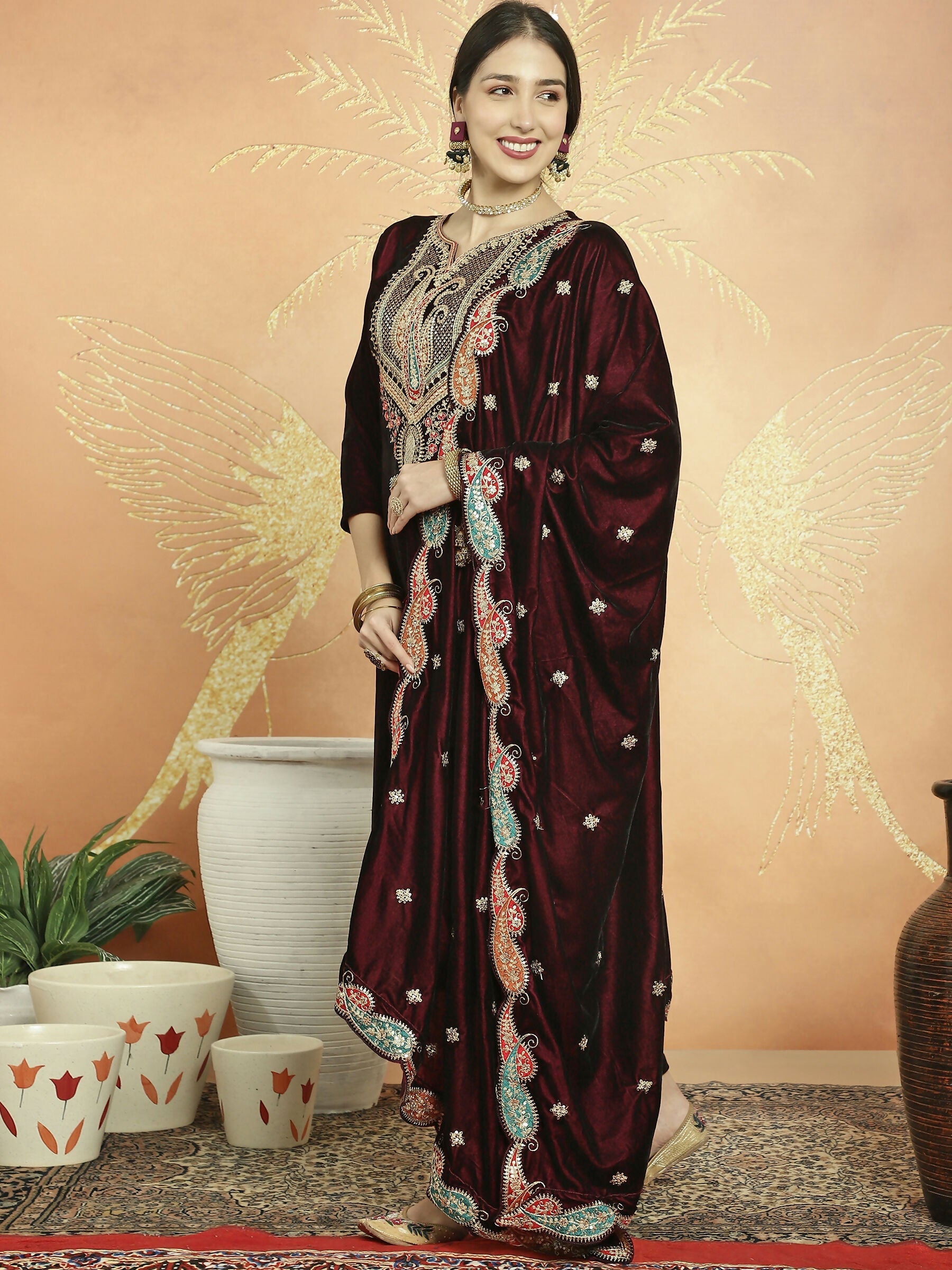 Maroon Velvet Straight Kurta Set with Cording, Resham & Sequin