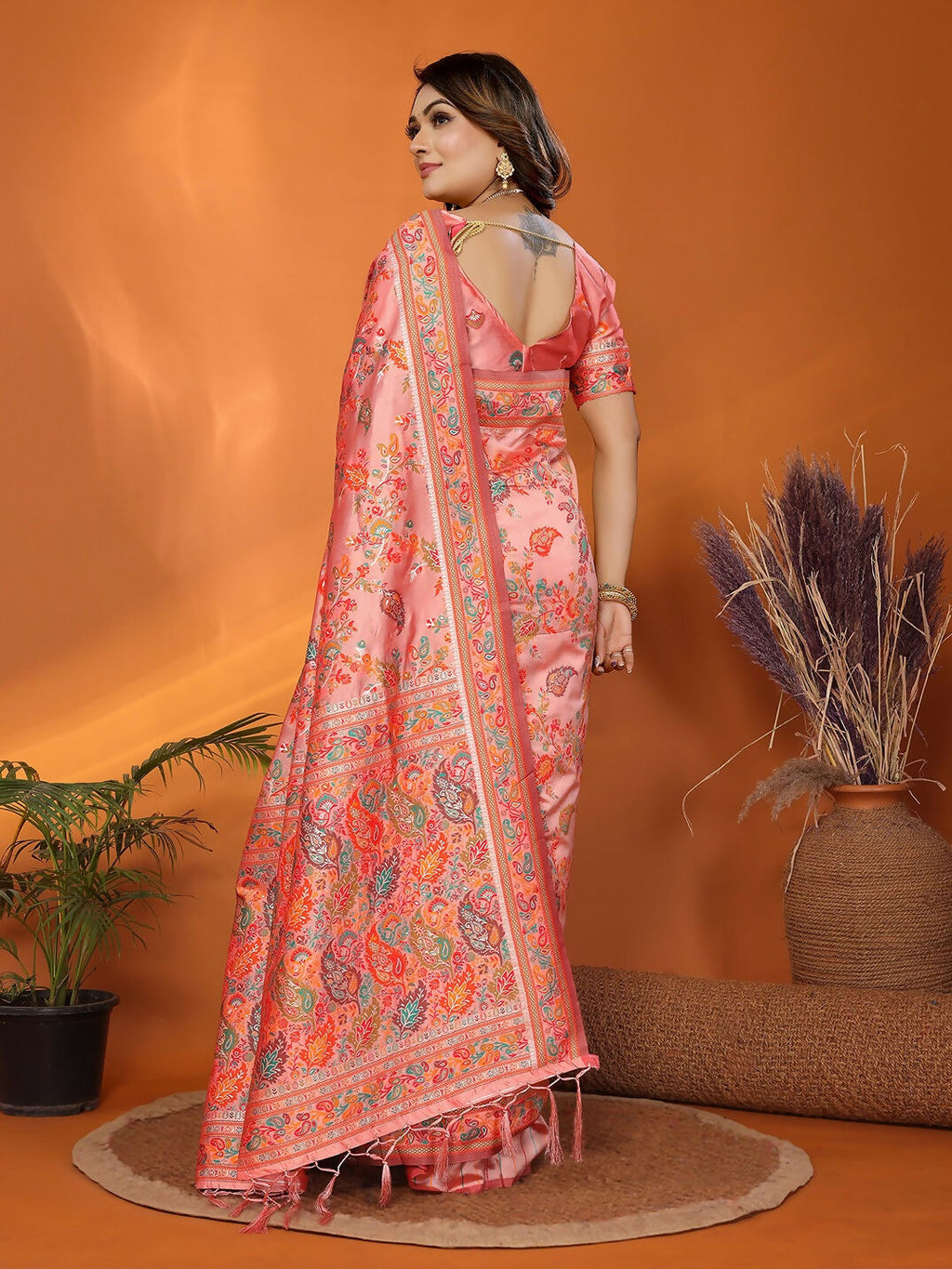 Peach Meena Weaves Pashmina Saree with Unstitched Blouse