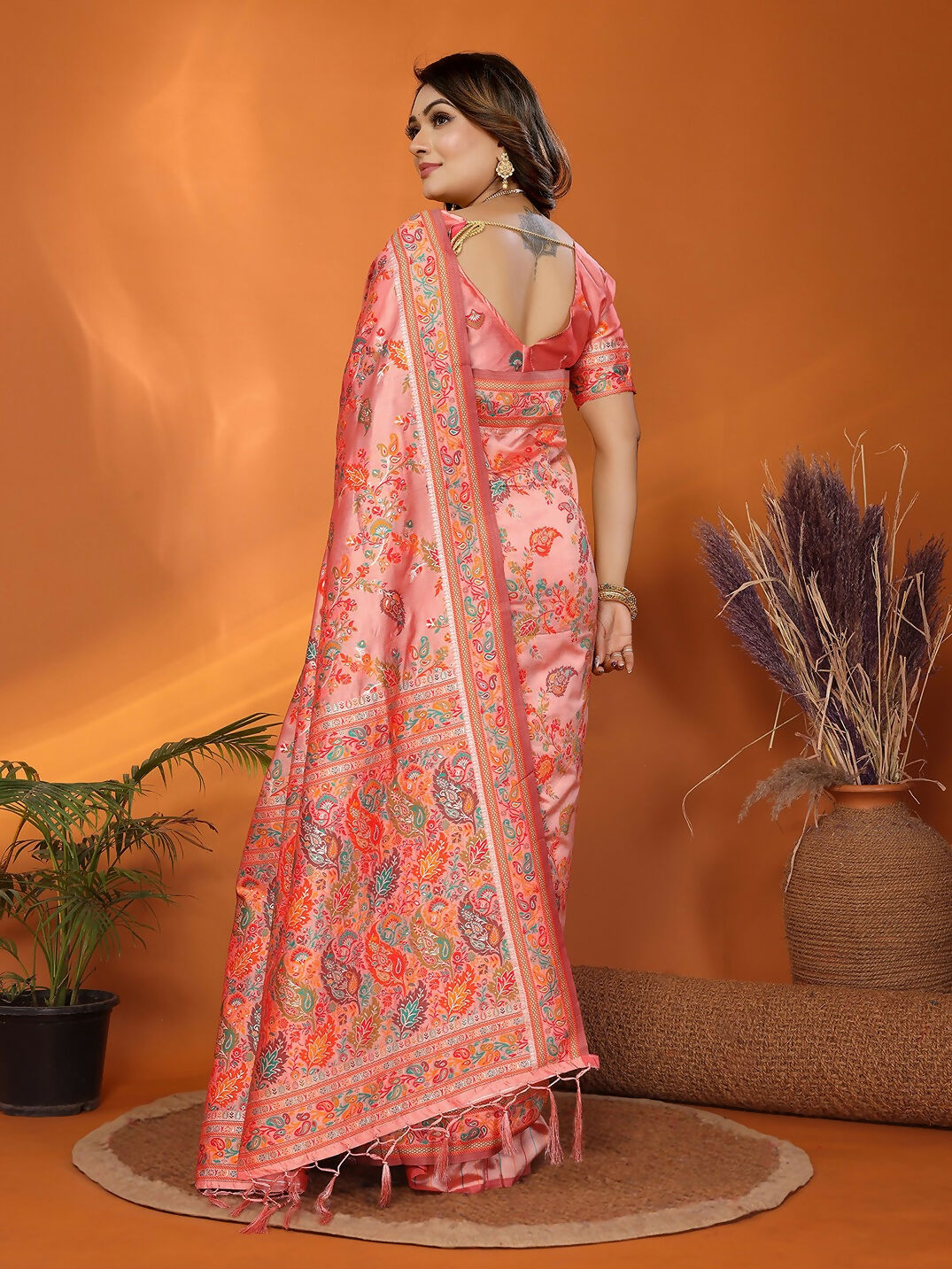 Peach Meena Weaves Pashmina Saree with Unstitched Blouse