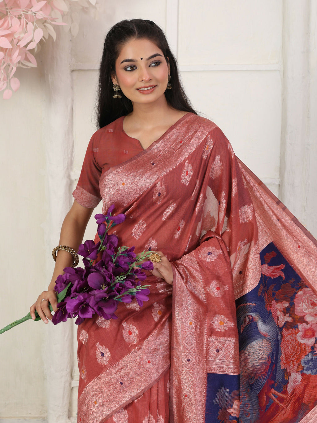 Rust Linen Cotton Saree with Matching Blouse
