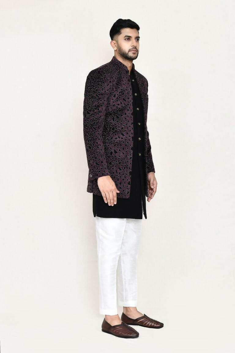Black Velvet Indo-Western Open Jacket Set with Matching Pants