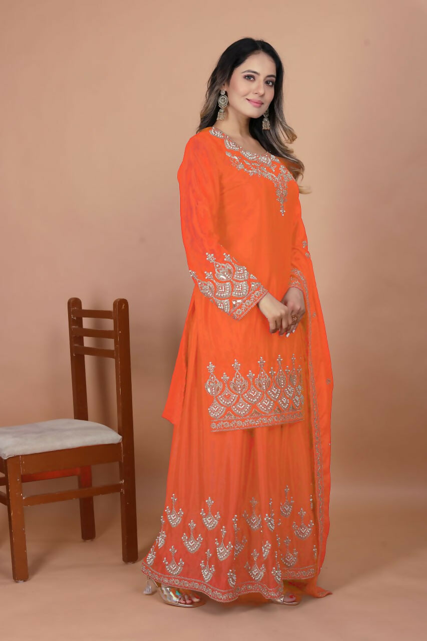 Orange Silk Embroidered Sharara Set for Women