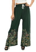 Bottle green floral print rayon cotton palazzo pants with a flowy wide-leg silhouette