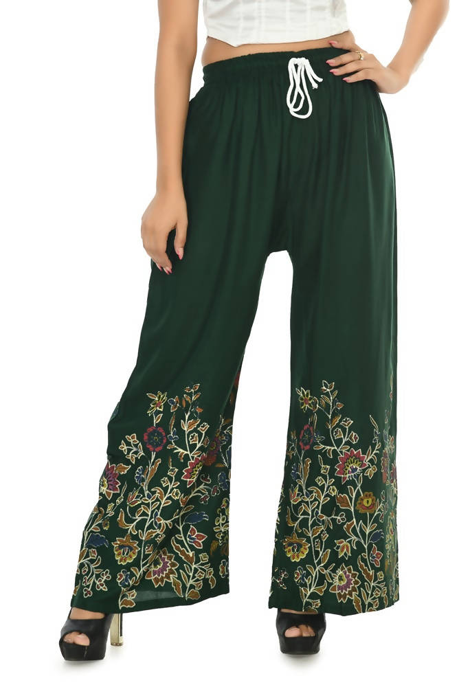 Bottle green floral print rayon cotton palazzo pants with a flowy wide-leg silhouette