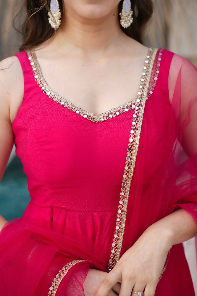 Rani Pink Chanderi Kurta Set with Sequence Embroidery Work