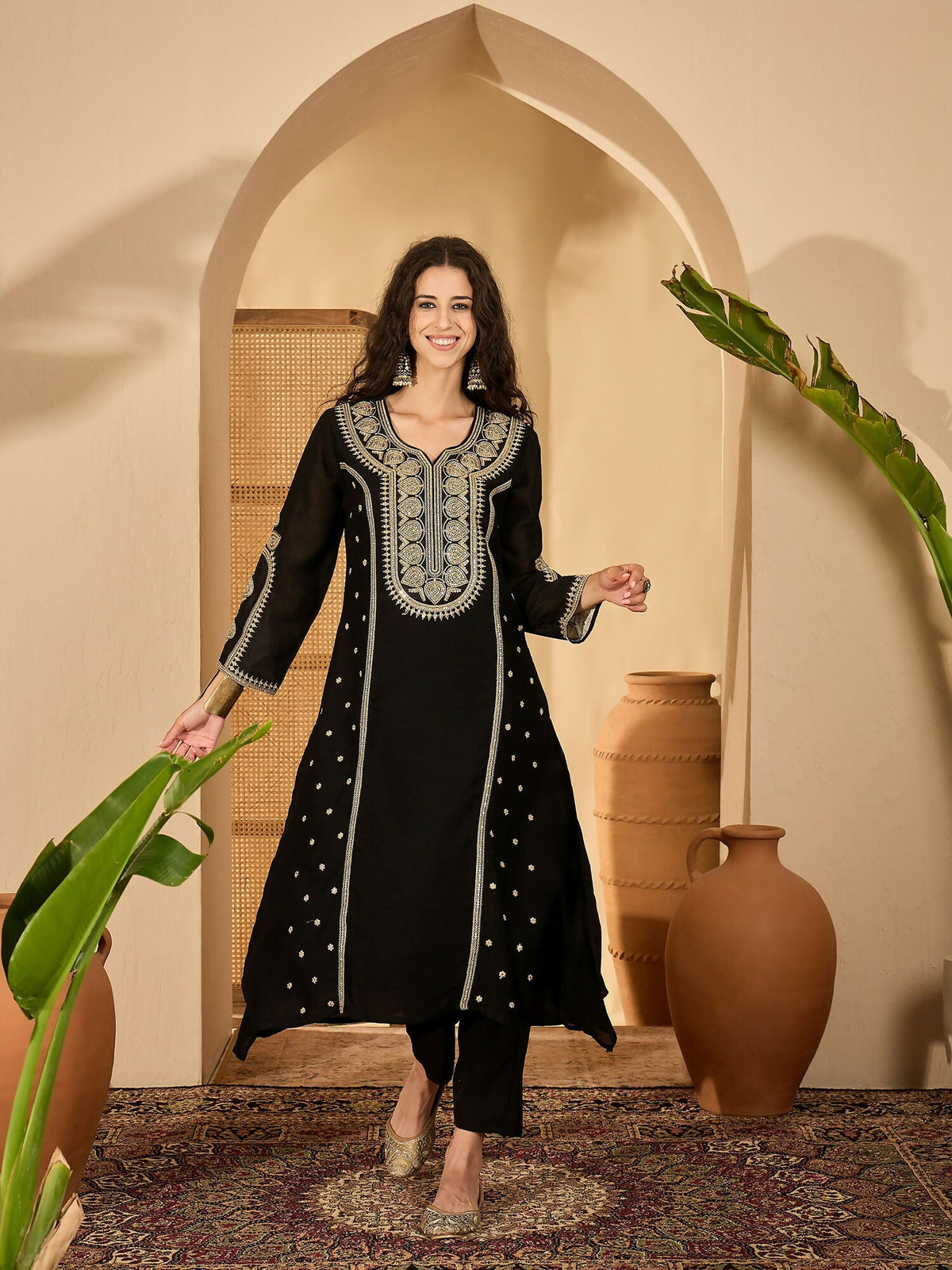 Embroidered Black Vichitra Silk Kurta Set for Women