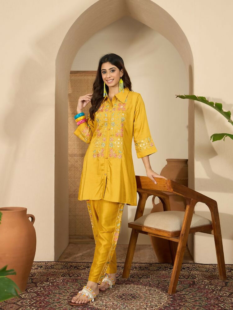 Mustard Roman Silk Embroidered Kurta Set with Shirt Collar
