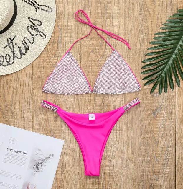 Luxury Women's Bikini Set with Rhinestones and Halter Neck