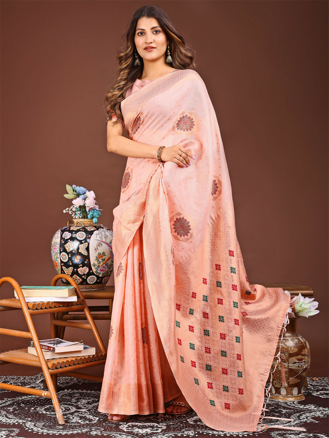 Neerja Peach Linen Cotton Saree with Matching Blouse Piece