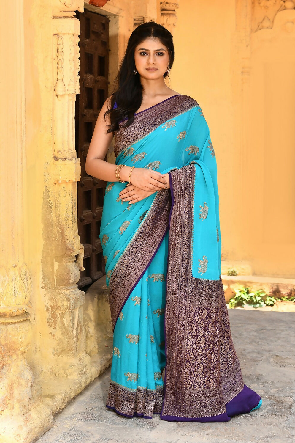 Sky Blue Crepe Chiffon Pure Handloom Banarasi Silk Saree