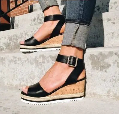 Women's Comfortable Cork Wedge Sandals with Buckle Closure - Image 35
