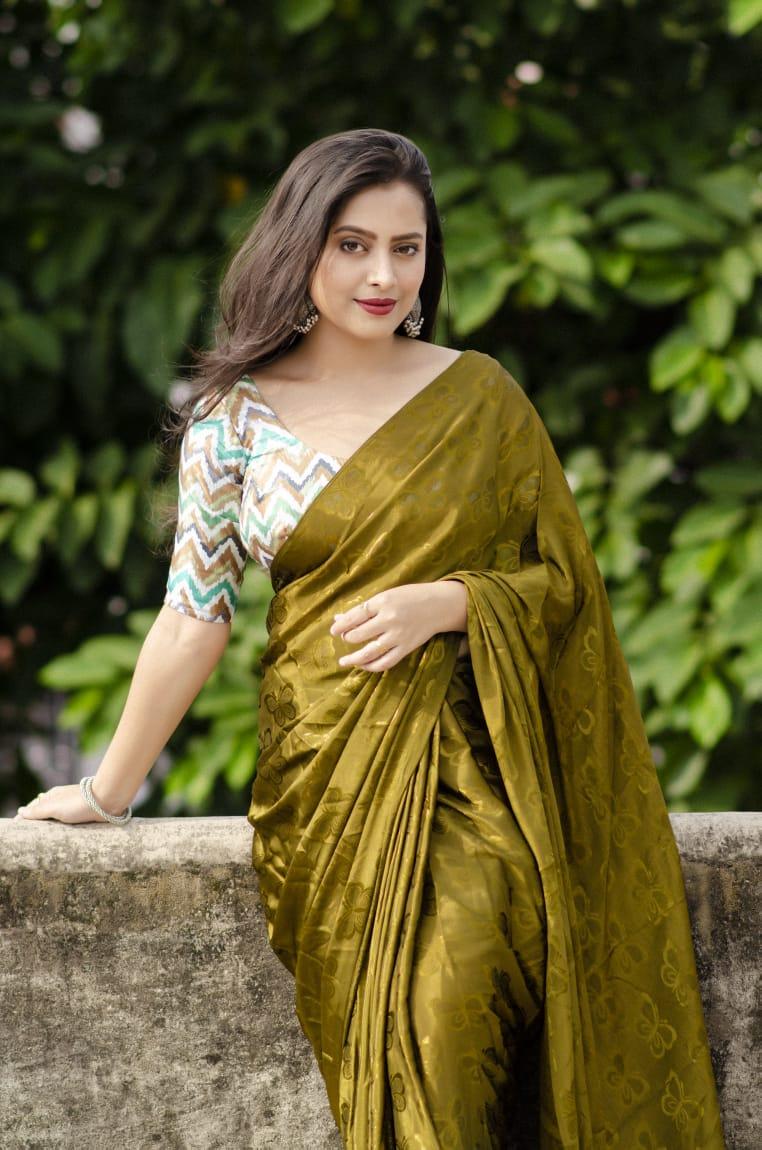 Mehndi Silk Blend Ethnic Motifs Saree with Unstitched Blouse - Hiral Fashion